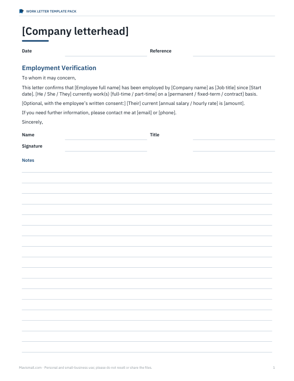 Preview of Employment Verification Letter Template